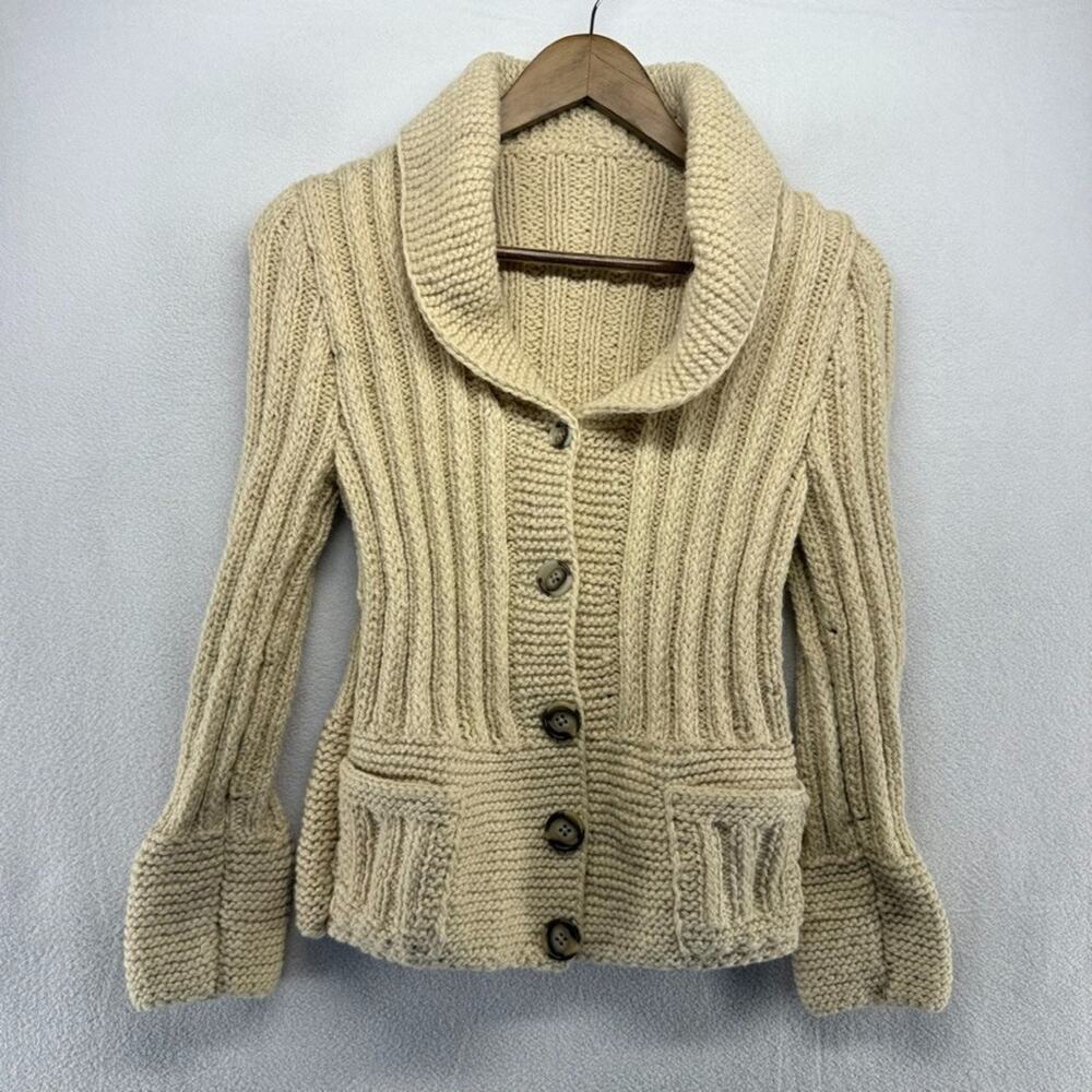 Vintage Fisherman Sweater Women's Small / Medium Beige Tan Cardigan thick 90s